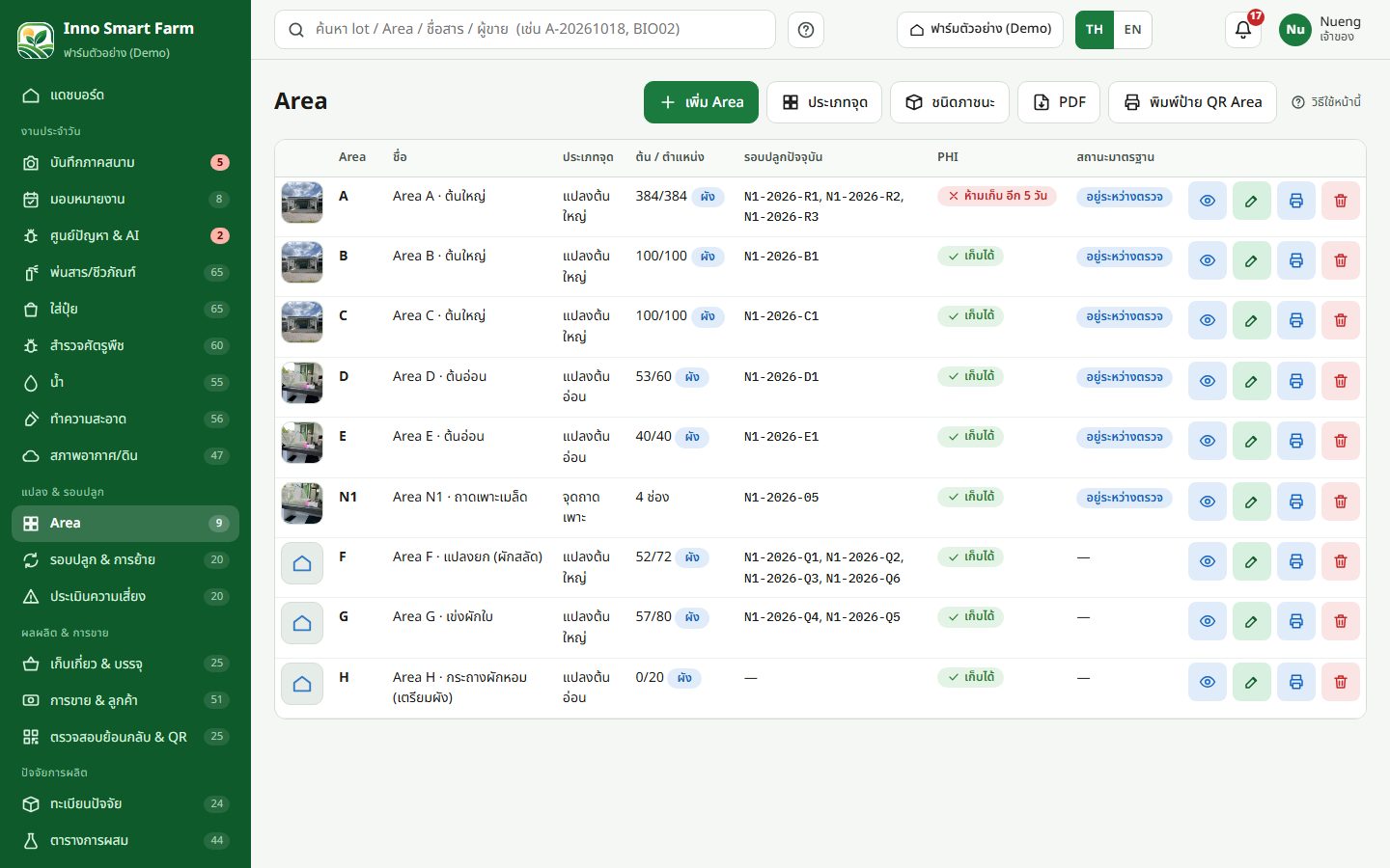 ตารางรายการ Area พร้อมปุ่มเพิ่ม Area ประเภทจุด ชนิดภาชนะ และพิมพ์ป้าย QR